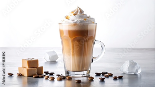 A frosty glass cup filled with iced coffee, topped with creamy foam and garnished with a single ice cube, on a pure white background.