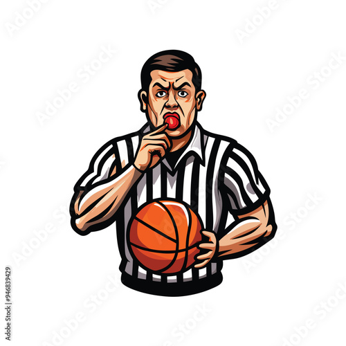 A vector illustration of a basketball referee blowing the whistle, holding the ball, and looking serious.