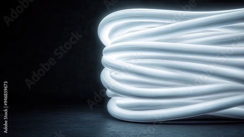 A vivid and artistic depiction of coiled, glowing white hoses arranged in an abstract manner against a dark background, emitting a sense of modernity and innovation. photo