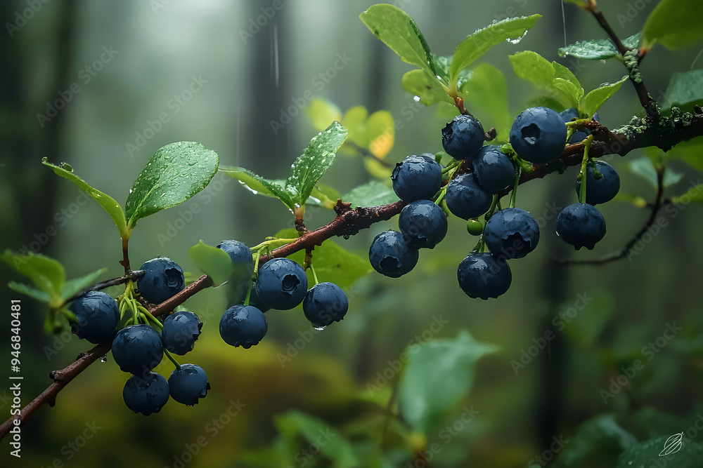 Wild blueberries are growing on a branch in a rainy forest Wild blueberries are growing on a branch in a rainy forest