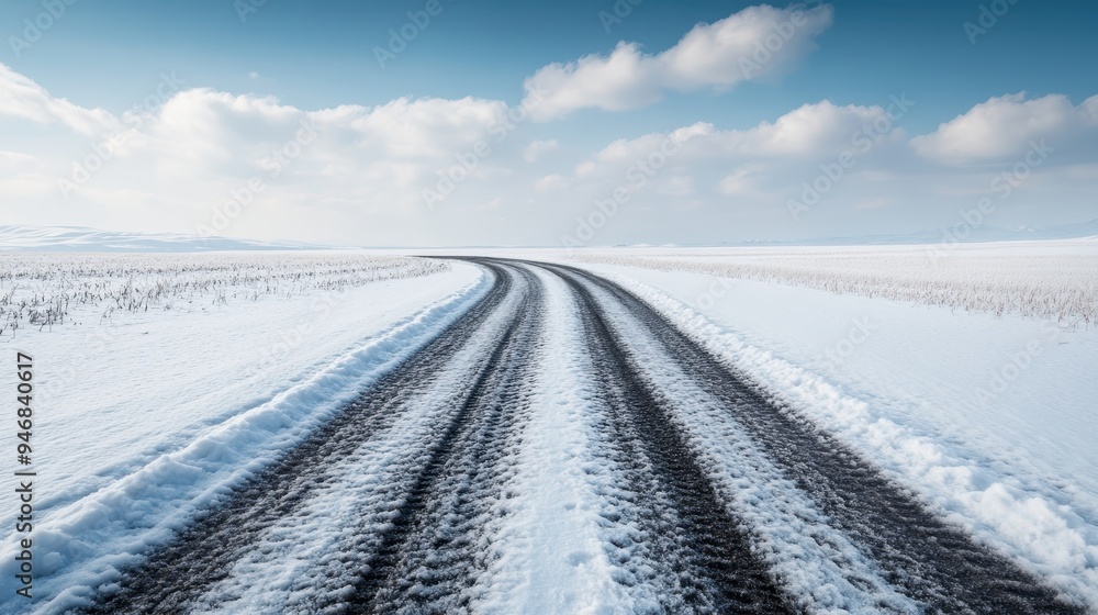A long road covered in snow stretches far into the distance, flanked by vast, snow-covered fields and under a sky dotted with soft clouds, embodying isolation and calm. A long road covered in snow stretches far into the distance, flanked by vast, snow-covered fields and under a sky dotted with soft clouds, embodying isolation and calm.