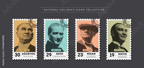 National Holidays Stamp Collection -Turkey (August 30-Victory Day, October 29-Republic Day, April 23-National Sovereignty and Children's Day, May 19-Commemoration of Atatürk, Youth and Sports Day)