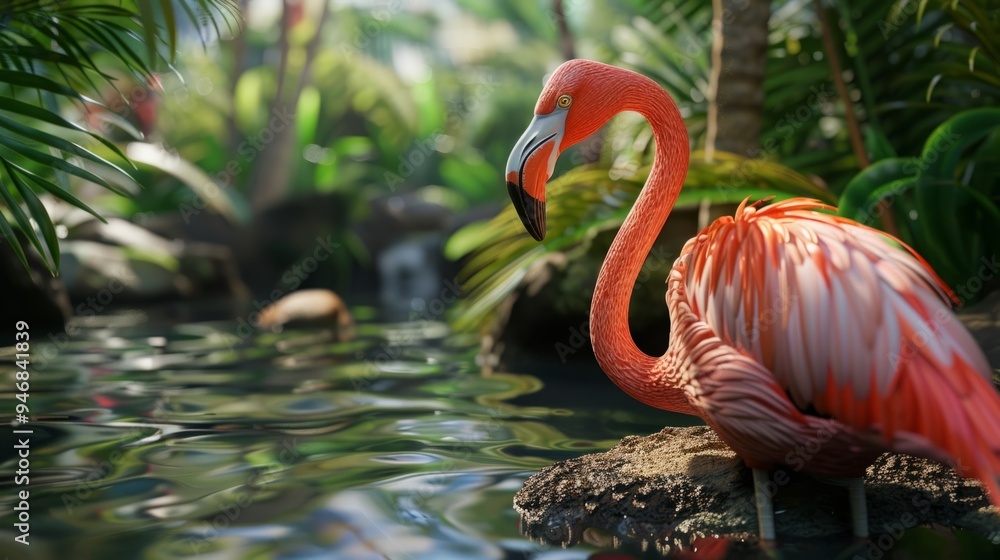 Fototapeta premium Flamingo in the foreground with natural landscape generative ai
