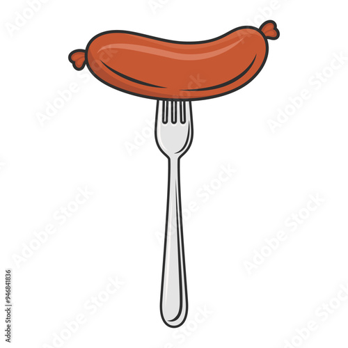 Flat Vector Cartoon Sausage on Fork with Outline Closeup Isolated on White Background. Vector Food Illustration for Menu, BBQ, and Culinary Design