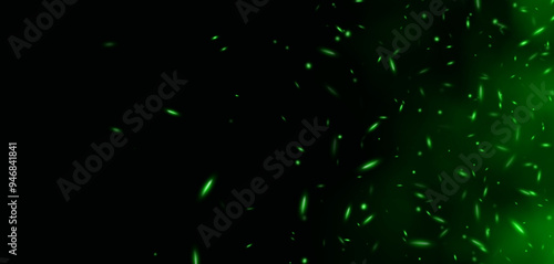 Green flame with sparks, fire with flying cinder, abstract glowing embers, heat sparkles, bokeh fire texture. Vector illustration.