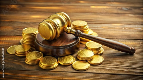 A heap of gold coins and a miniature judge's gavel rest on a wooden desk, conveying the concept of financial penalties and judicial fines. photo