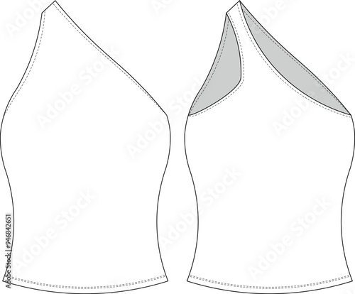 one shoulder strappy strapped sleeveless asymmetric neck fit elastic blouse top template technical drawing flat sketch cad mockup fashion woman design style model