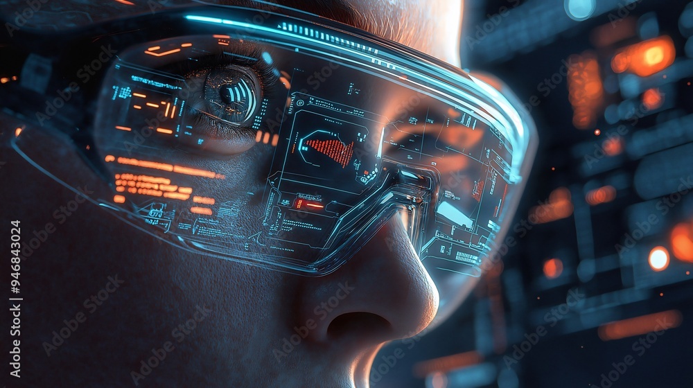 Person wearing Augmented Reality glasses for Data Analysis Person wearing Augmented Reality glasses for Data Analysis