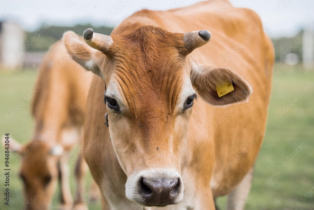 Livestock. Cows graze in a meadow. The concept of animal husbandry and rural life. Chipping of animals. A pet on an eco-farm. Agricultural industry. Livestock. Cows graze in a meadow. The concept of animal husbandry and rural life. Chipping of animals. A pet on an eco-farm. Agricultural industry.