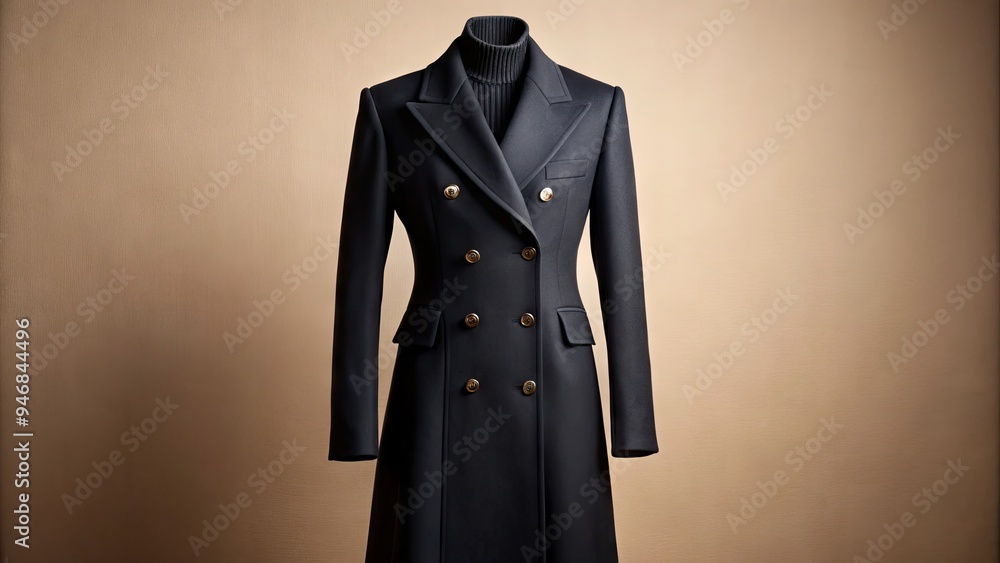 A luxurious, knee-length, black woolen coat with a fitted silhouette, double-breasted buttons, and a subtle sheen, hanging against a neutral-colored studio backdrop. A luxurious, knee-length, black woolen coat with a fitted silhouette, double-breasted buttons, and a subtle sheen, hanging against a neutral-colored studio backdrop.
