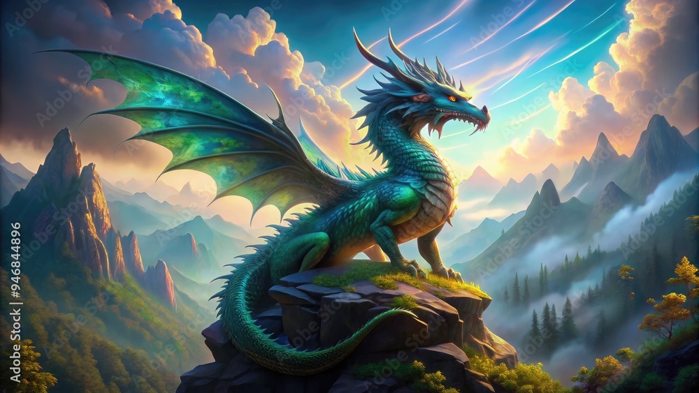 A majestic dragon with iridescent, glowing scales in shades of emerald and sapphire perches atop a mystical, mist-shrouded mountain, exuding ancient wisdom and power. A majestic dragon with iridescent, glowing scales in shades of emerald and sapphire perches atop a mystical, mist-shrouded mountain, exuding ancient wisdom and power.
