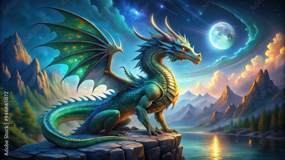 A majestic dragon with radiant, iridescent scales aglow in shimmering hues of blue, green, and gold, poised proudly amidst a mystical, moonlit landscape. A majestic dragon with radiant, iridescent scales aglow in shimmering hues of blue, green, and gold, poised proudly amidst a mystical, moonlit landscape.