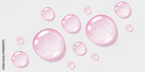 Pink serum drops, transparent gel droplets, realistic glossy liquid, moisturizing cosmetic product, hyaluronic acid concept. Vector illustration.