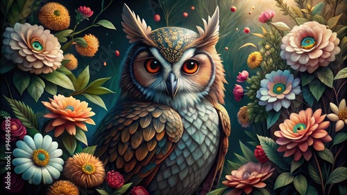 A majestic owl's wise gaze is surrounded by delicate botanical illustrations of blooming flowers and lush greenery, blending realism with whimsical elegance.