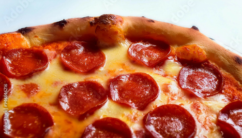 Close-up view of a pepperoni pizza with melted cheese and evenly spaced pepperoni slices on a golden-brown crust. The pizza is photographed from an overhead angle, highlighting the toppings.