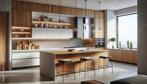 modern kitchen design, wooden and white cabinetry, minimalist aesthetics, clean lines, integrated appliances, kitchen island with seating, stainless steel accents, partially drawn architecture, bright