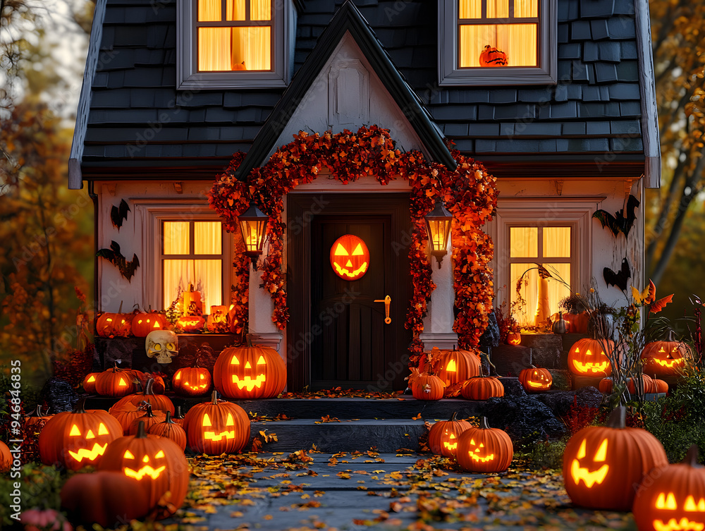 Obraz premium halloween decorated house with pumpkins. 3d rendering