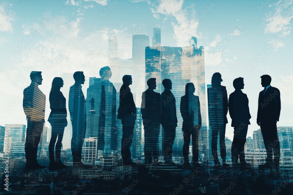 People standing in city skyline double exposure created with Generative AI People standing in city skyline double exposure created with Generative AI