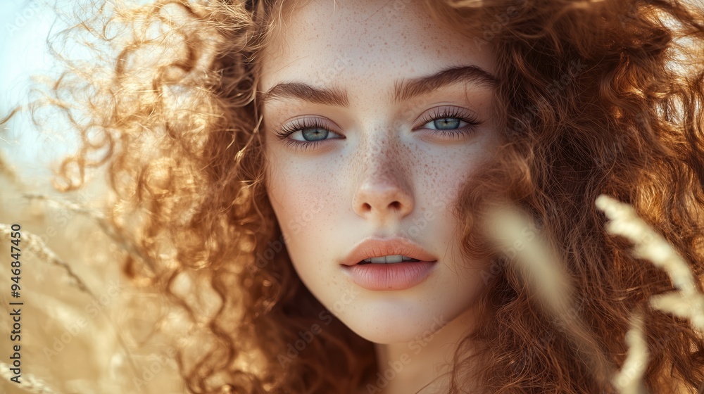 A young woman with curly red hair enjoys a sunny day in a golden field, capturing the warmth of summer and the beauty of nature A young woman with curly red hair enjoys a sunny day in a golden field, capturing the warmth of summer and the beauty of nature
