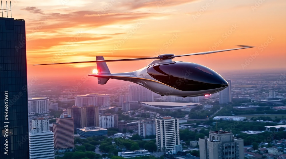 Urban mobility Revolution: fly cars Gliding at Sunset in a city Urban mobility Revolution: fly cars Gliding at Sunset in a city