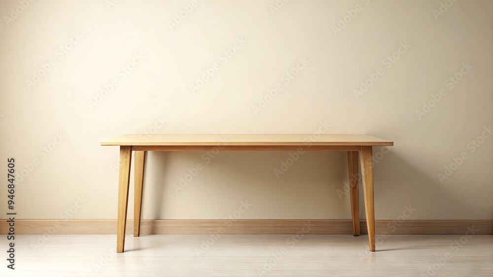 A minimalist, modern, and sleek wooden table with a blank and empty surface, set against a soft, creamy white background, exuding simplicity and tranquility. A minimalist, modern, and sleek wooden table with a blank and empty surface, set against a soft, creamy white background, exuding simplicity and tranquility.