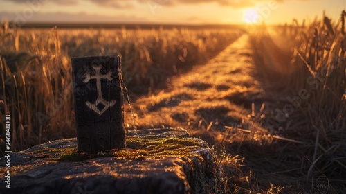 A wooden carving of the rune placed on a fertile field, symbolizing the harvest. photo