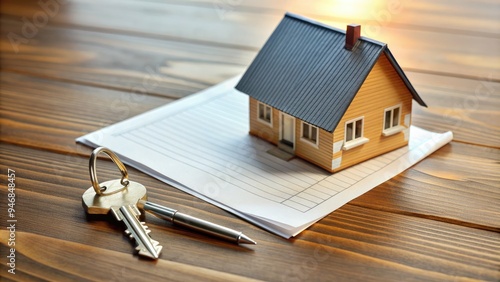 A modern key rests on a wooden desk next to a signed contract and a miniature house model, symbolizing a successful real estate transaction. photo