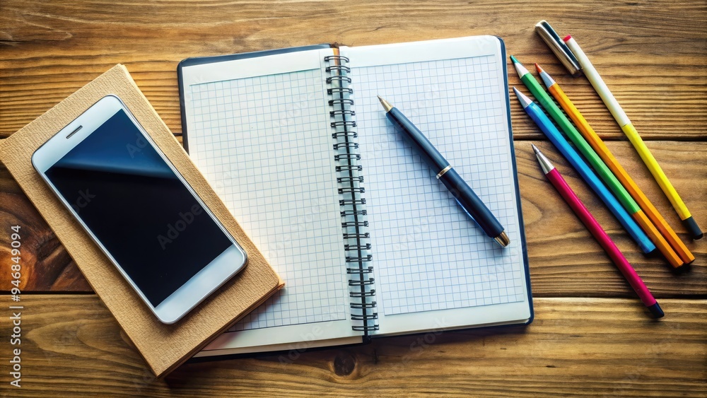 A modern notebook lies open beside a smartphone, surrounded by ...