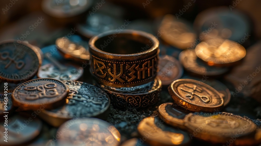A close-up of an ancient ring with the rune engraved on its surface. A close-up of an ancient ring with the rune engraved on its surface.