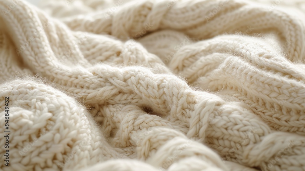 A high-definition image of a fluffy, cream-colored wool blanket with a subtle cable knit pattern. A high-definition image of a fluffy, cream-colored wool blanket with a subtle cable knit pattern.