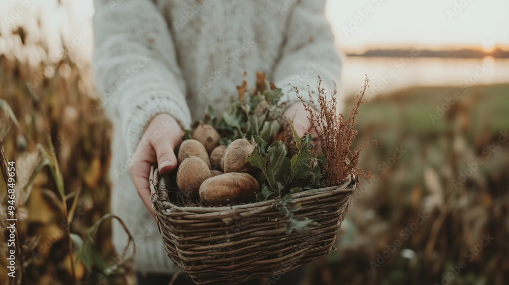 close-up of a basket with harvest potatoes held by a woman on a countryside setting at sunset in autumn close-up of a basket with harvest potatoes held by a woman on a countryside setting at sunset in autumn