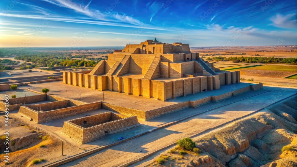 Ancient Mesopotamian ziggurat temple ruins in modern-day Iraq, surrounded by fertile plains and dry desert landscape, under a vibrant blue cloudless sky. Ancient Mesopotamian ziggurat temple ruins in modern-day Iraq, surrounded by fertile plains and dry desert landscape, under a vibrant blue cloudless sky.