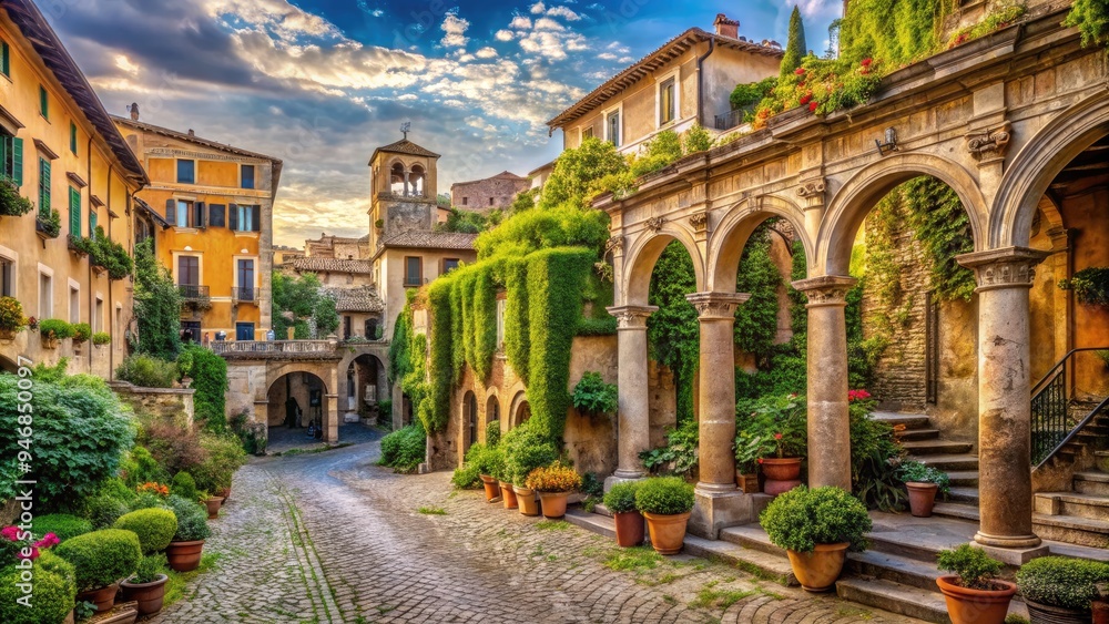 Fototapeta premium Ancient Roman architecture showcasing historic residences with ornate facades, columns, and arches, surrounded by lush greenery and cobblestone streets in a serene Italian landscape.