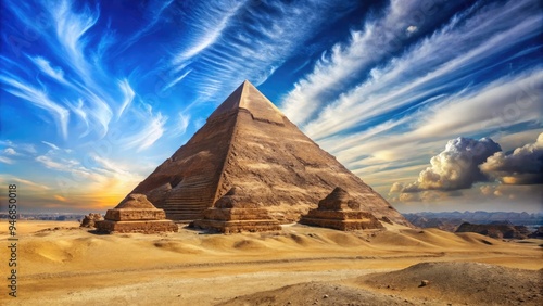 Ancient majestic pyramid stands tall against a vibrant blue sky with wispy clouds, set amidst the arid desert landscape of Egypt's timeless ancient wonder. photo