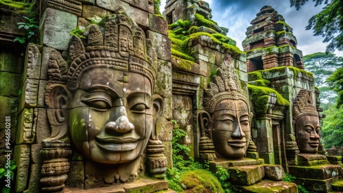 Ancient, weathered stone faces with intricate carvings and mysterious expressions adorn the exterior of an historic, moss-covered temple, surrounded by lush green foliage. photo