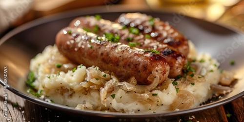 Bratwurst served with sauerkraut and creamy mashed potatoes