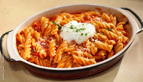 A close-up of fusilli pasta topped with tomato sauce, grated Parmesan, and a dollop of ricotta cheese, garnished with a basil leaf, served in a white bowl.