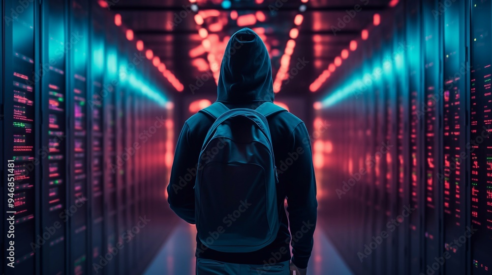 Hacker in the hood and with backpack in the modern server room cyber criminal. Generative ai Hacker in the hood and with backpack in the modern server room cyber criminal. Generative ai