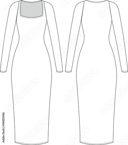 long sleeve square neck long maxi midi elastic body con dress template technical drawing flat sketch cad mockup fashion woman design style model
