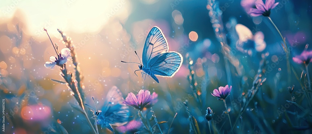 Blue Butterfly Amongst Pink Flowers in a Field at Sunset