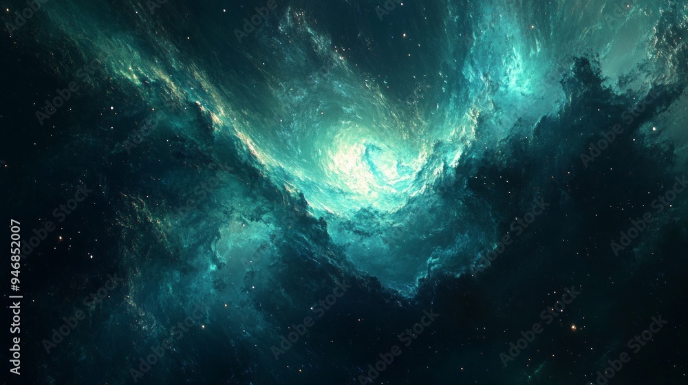 Fototapeta premium A mesmerizing cosmic scene filled with vibrant colors. Stars twinkle among swirling clouds of green and blue. This artistic representation invites exploration and imagination. AI