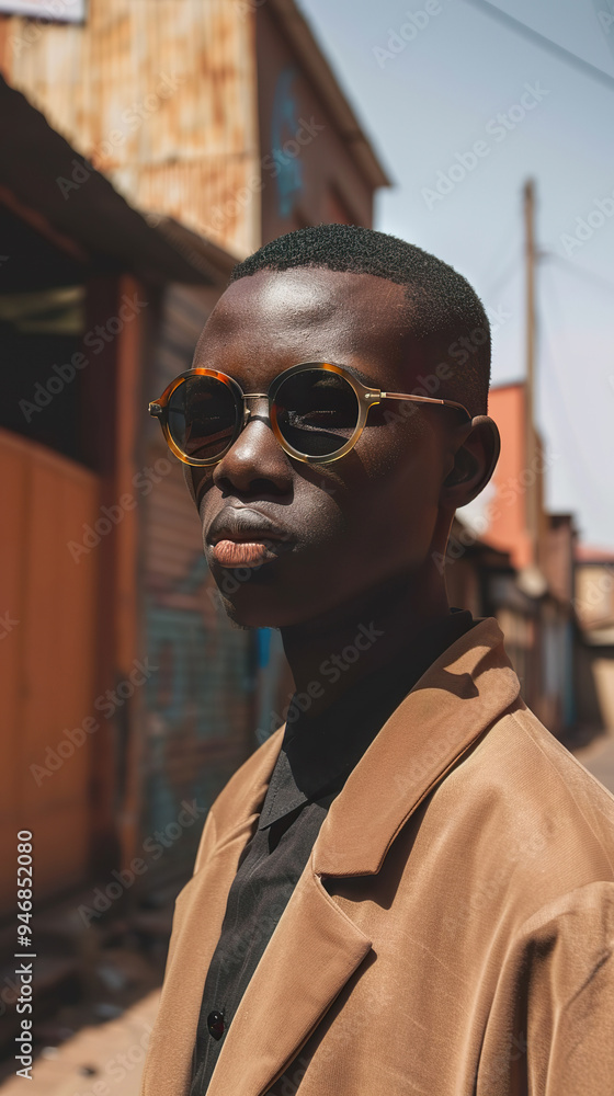 Stylish young black man in city downtown during bright midday sun Stylish young black man in city downtown during bright midday sun