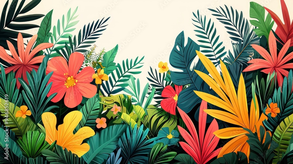 Colorful Tropical Leaves and Flowers Illustration Colorful Tropical Leaves and Flowers Illustration