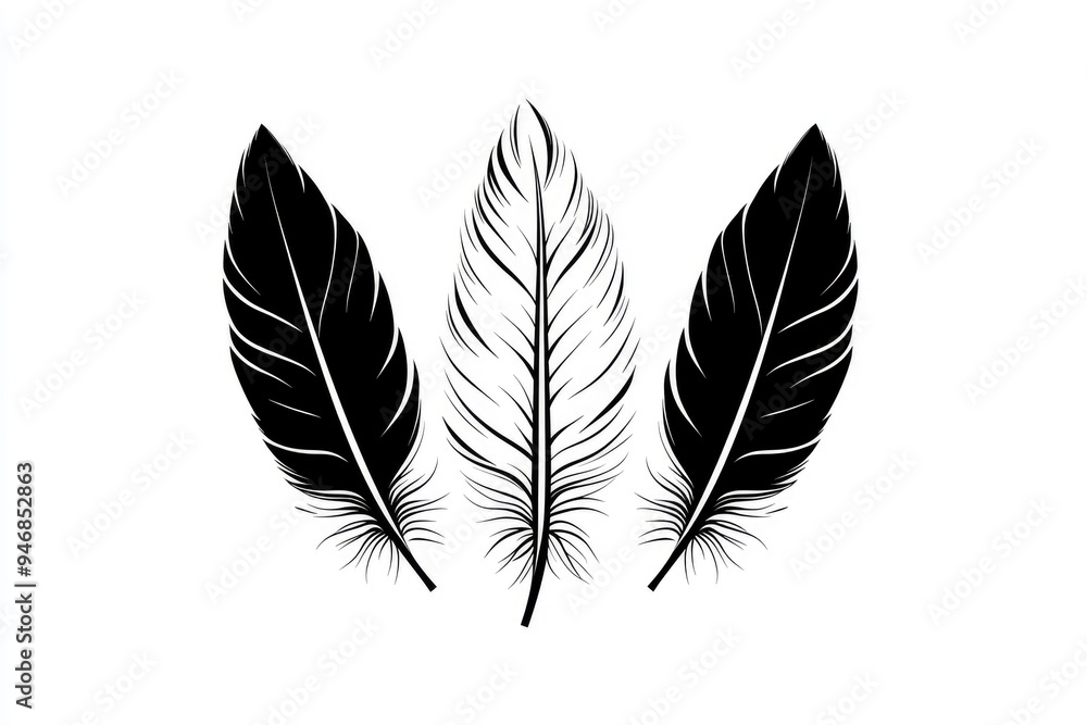 Three Black Feathers Isolated on White Background Three Black Feathers Isolated on White Background