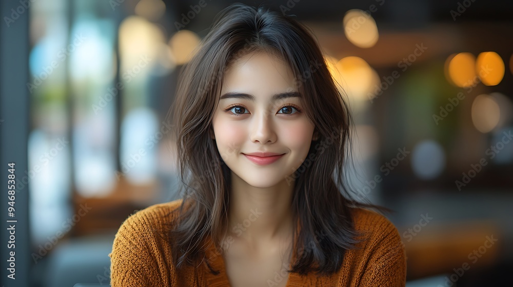 Obraz premium Happy young woman working remotely on virtual video team meeting call, remote work and flexible culture concept, smiling Asian female digital nomad freelancing on laptop from home, copy space 