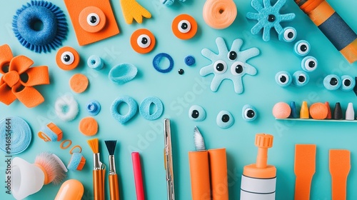 A crafting station with felt sheets, glue guns, and googly eyes prepared for a DIY project