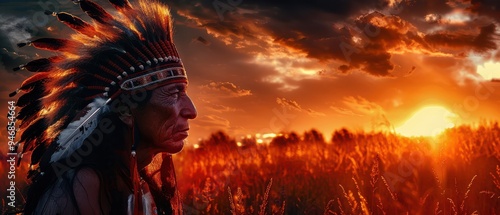 Portrait of a Native American man in traditional headdress, bathed in dramatic red sunset light. Free copy space for text.