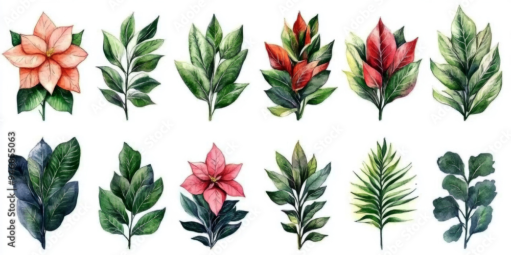 Set of Christmas watercolor elements on white background Set of Christmas watercolor elements on white background