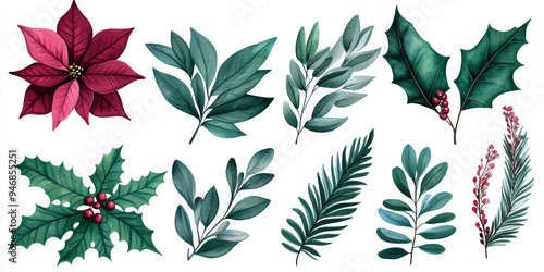 Set of Christmas watercolor elements on white background