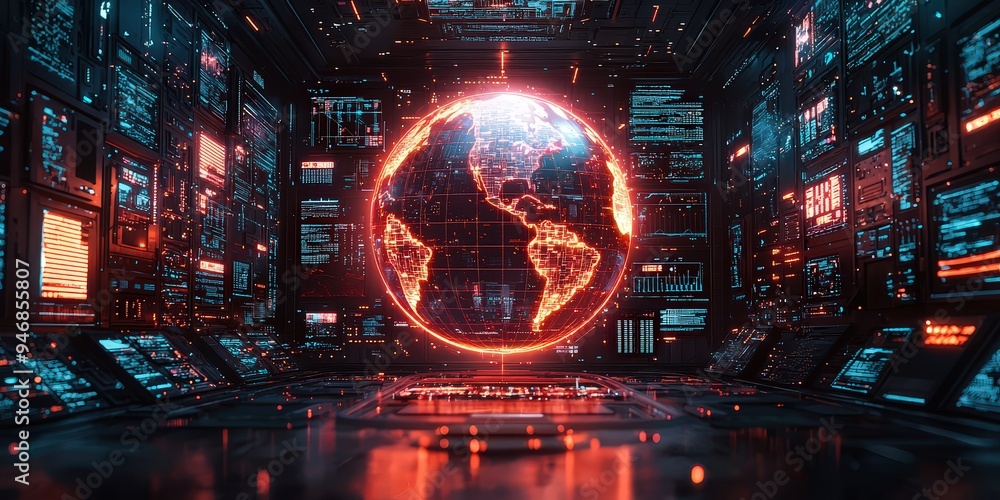 Obraz premium A digital globe is surrounded by holographic screens displaying global media content, symbolizing the world's interconnectedness and the digitalization of news.